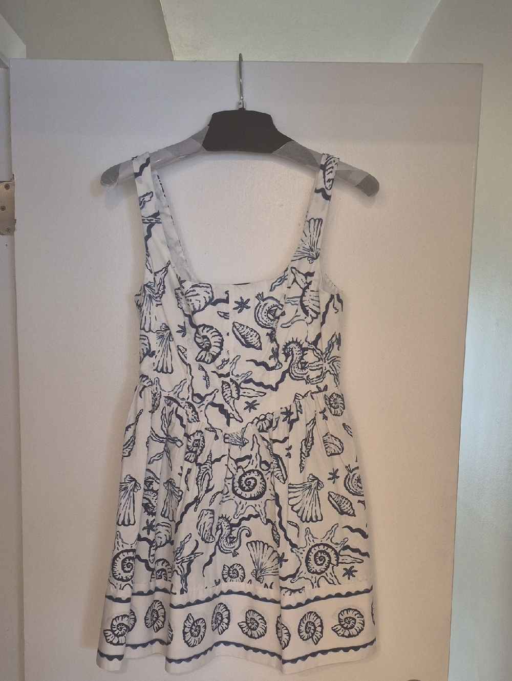H&M White Mini Dress with Subtle Navy Print Seahells Size Small